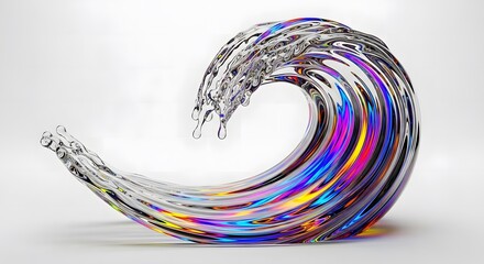 Glass wave sculpture with colorful reflections isolated on white background