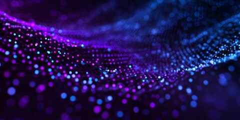 Glowing digital particles form a dynamic wave pattern across a dark background with intense color saturation.