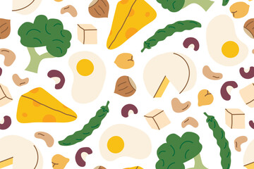 seamless pattern with vegetarian protein sources; beans, nuts, tofu, cheese, eggs, and broccoli; ideal for healthy lifestyle, nutrition, cooking, and food-related projects- vector illustration