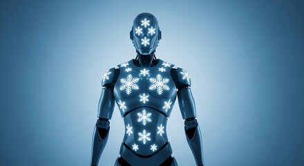Futuristic robot adorned with glowing snowflakes, representing AI winter or cool technology concepts.