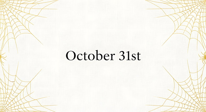 October 31st Halloween Date with Golden Spiderwebs and Spiders on White Background