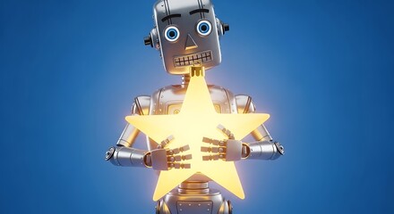 Friendly robot gleefully holds glowing star ornament, symbolizing achievement and bright future