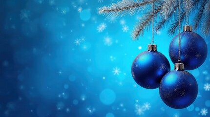 Blue Christmas ornaments hanging from a frosted pine branch. Festive winter holiday background with snowflakes and copy space