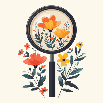 magnifying glass with spring flowers   , vector style simple color