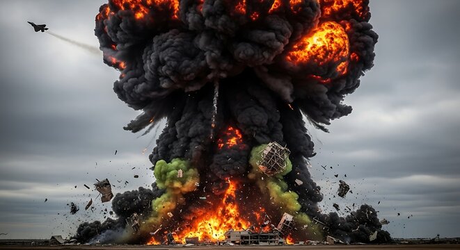 A massive explosion engulfs the landscape, sending shockwaves and debris, representing destruction, conflict, and the devastating impact of war