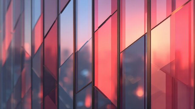 Vivid Abstract Glass Facade with Red and Blue Sunset Reflections