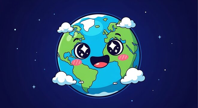 Cartoon earth with smiling face and clouds against a starry background - Powered by Adobe