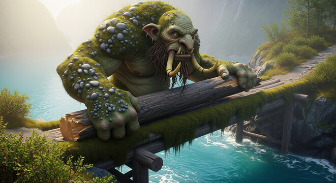 Bridge Troll Demanding Toll: Mythical Monster Guarding a Mountain River Crossing.
A dramatic, fantasy-themed image capturing a massive, moss-covered green troll guarding a rustic wooden bridge over 