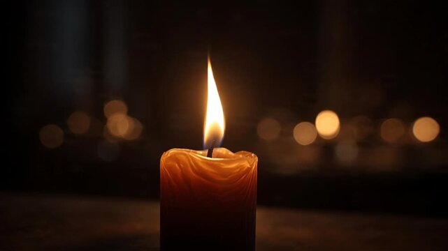 Closeup of a lit candle flame in the dark with bokeh background