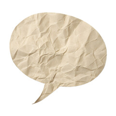 Realistic crumpled beige recycled paper speech bubble floating on transparent PNG background with detailed wrinkles and soft studio lighting for minimalist communication mockups