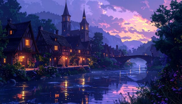 Dusk settles over a quaint European village with lit homes lining a calm river reflecting the sky. A stone bridge crosses. Mountains in the distance