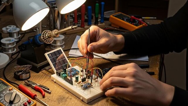 Person assembling an electronic circuit on a breadboard with tools