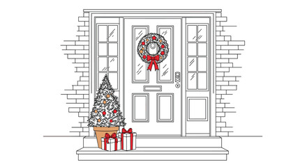 A welcoming front door is festively decorated for Christmas with a wreath, a potted tree, and wrapped gifts on the doorstep in a line art style.