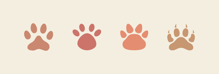 Fototapeta premium Paw print of a dog or cat. Set of different Animal footprint. Footprint pet. Paw print of dog, cat, tiger paws, Bobcat, kitten leg, cute canine, puppy pet footprint. Puppy track. Vector Illustration.