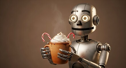 Friendly robot enjoys festive hot chocolate with whipped cream and candy canes