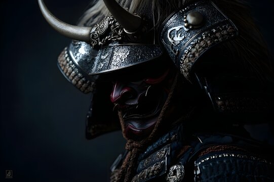 Portrait of Samurai masked Oni Devil wearing samurai armor of various silver-plated metal details, reflecting exquisite craftsmanship, contrast of light and shadow against a dark dusty background