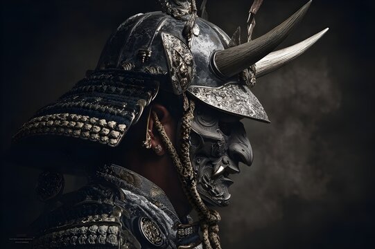 Portrait of Samurai masked Oni Devil wearing samurai armor of various silver-plated metal details, reflecting exquisite craftsmanship, contrast of light and shadow against a dark dusty background