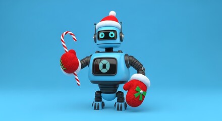 Cute robot wearing Santa hat and mittens holds candy cane, celebrating festive holiday cheer