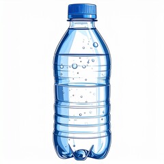 A refreshing illustration of a clear plastic bottle brimming with pure drinking water, featuring a vibrant blue cap and subtle effervescence, symbolizing daily hydration and a healthy lifestyle
