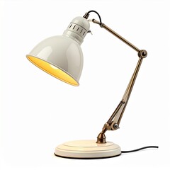 Classic retro-style adjustable table lamp in cream and bronze metal, illuminated and isolated on a clean white studio background
