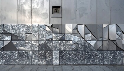 Exterior shot of a building's facade with a contrasting design. The upper half is smooth metal, the lower, broken mirrored pieces