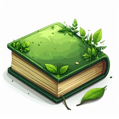 A vibrant green book with lush foliage growing from its pages, symbolizing nature, growth, and knowledge