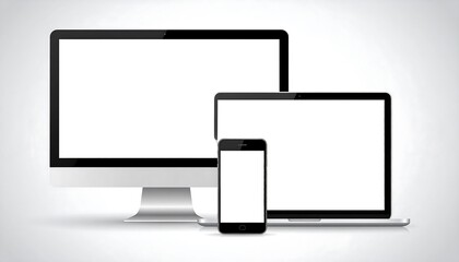 Displays a desktop computer, laptop, and smartphone against a light gray background, all with blank white screens