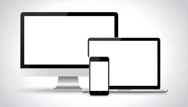 Displays a desktop computer, laptop, and smartphone against a light gray background, all with blank white screens - Powered by Adobe