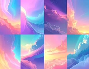 Eight vibrant panels depict stylized, swirling cloudscapes in a palette of pastel hues, suggesting a sunset or sunrise with dreamy textures