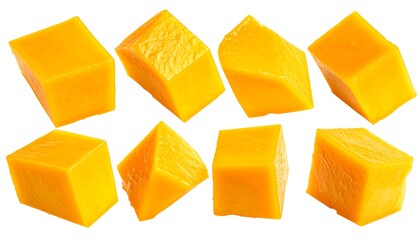 Eight vibrant, precisely cut pieces of a tropical fruit are arranged against a white background. The fruit exhibits a smooth texture and bright yellow coloring