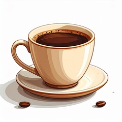 Cup of Coffee on Saucer with Coffee Beans, Close-up Shot of Caffeine Beverage, Isolated, Illustration