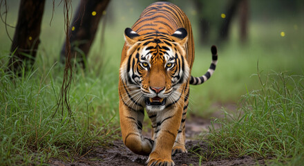 Intense Bengal Tiger Stalking on a Jungle Path
A powerful and dramatic close-up photograph of a Bengal Tiger (Panthera tigris tigris) walking directly towards the camera along a muddy forest path