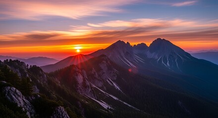 Stunning sunrise over majestic mountains, a peaceful vista for travel inspiration and scenic beauty seekers