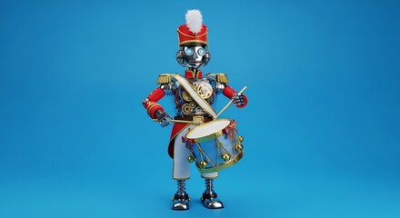 Whimsical robot drummer in military uniform brings festive cheer and rhythmic energy to any project