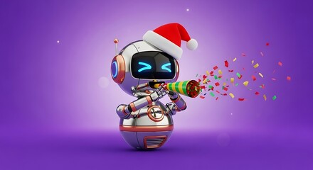 Joyful robot celebrates holiday fun with confetti popper and Santa hat, spreading festive cheer!