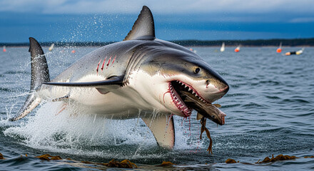Fototapeta premium Great White Shark Breaching with Prey near Coastal Buoys A dramatic, action-packed photograph capturing a large Great White Shark (Carcharodon carcharias) breaching forcefully out of the ocean water