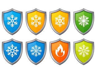 Eight vibrant shield icons, each with a snowflake or flame symbol, set against a clean white background, representing protection concepts