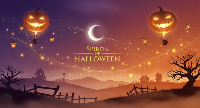 Spirits of Halloween: Jack-o'-Lantern Hot Air Balloons Soaring Over a Haunted Landscape at Dusk