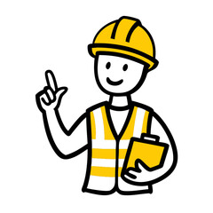 Cute Doodle Construction Worker Holding Clipboard and Pointing Vector Illustration
