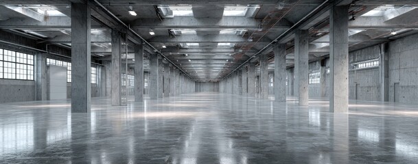 Large empty clean grey warehouse with shiny white concrete floor, 3D render of modern industrial space for business or storage.