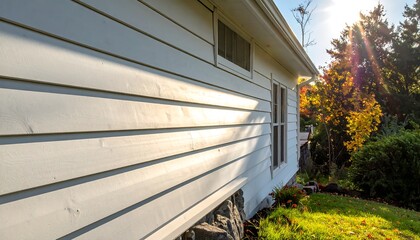 Exterior shot of a house's white siding, windows, and roof against a backdrop of autumn foliage, basking in sunlight