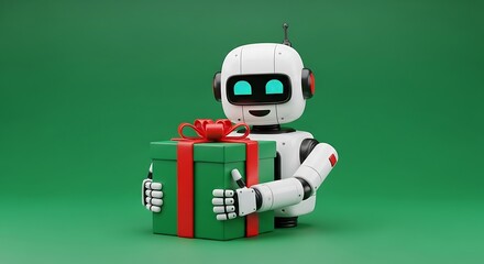 Friendly robot joyfully presents a vibrant green gift box with a festive red ribbon