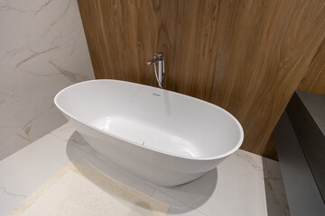 Modern minimalist bathroom interior, modern bathroom cabinet, white sink, wooden vanity.