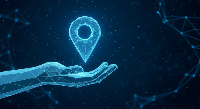 Digital Navigation Futuristic Concept Showing a Location Pin Above a Hand Made of Connected Lines