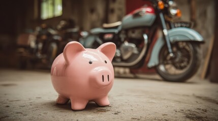 Obraz premium Charming Pink Piggy Bank on a Rustic Floor with Vintage Motorcycles in the Background, Perfect for Financial Savings and Budgeting Themes