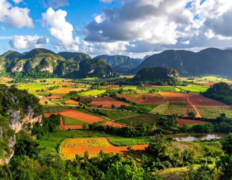 Panoramic view of a valley with rolling hills, cultivated fields, and clouds