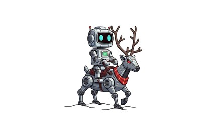 Whimsical robot riding a mechanical reindeer, perfect for holiday tech promotions