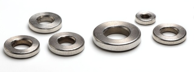 N52 Atlantic heavy-duty disc magnets with internal rings, silver ferrite-washed metal pieces on white background. Identical size components with unique shapes and central holes.
