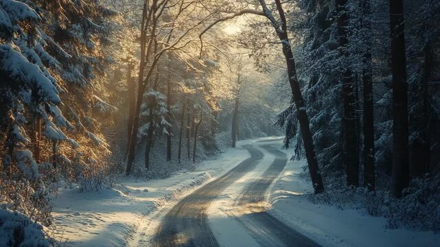 A serene winter road scene unfolds warm sunlight filters through snowcovered trees, creating breathtaking view that invites exploration and appreciation of natures beauty, offering a peaceful getaway