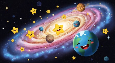 Cartoon galaxy with planets and stars illustration for education or design